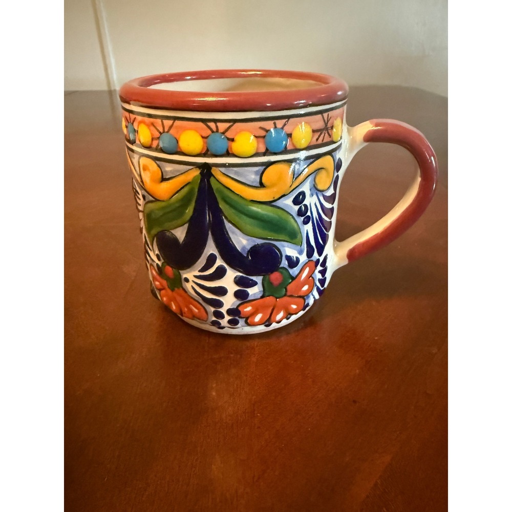 Talavera Coram Puebla Mexico Hand Painted Ceramic Coffee Mug Floral Folk Art